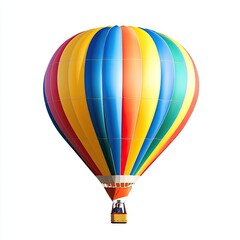 Fototapeta premium A colorful hot air balloon floats against a white background. It's a vibrant, round balloon with horizontal, multicolored stripes of yellow, blue, red, and orange. A small, 