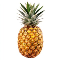 Ripe pineapple, whole, against white background.  Bright yellow-gold skin,  green crown of leaves