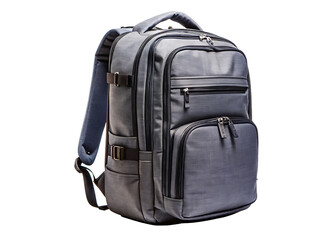 Fototapeta premium Gray fabric backpack with multiple zippered compartments and padded straps isolated on a transparent background