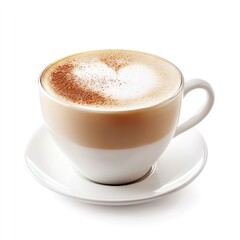 A cup of cappuccino with heart-shaped latte art, topped with cinnamon