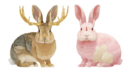Obraz premium Creative Illustration of a Rabbit and a Jackalope on Transparent Background