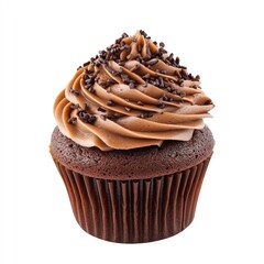 Single chocolate cupcake with rich frosting and sprinkles
