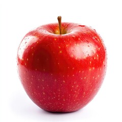 A single, vibrant red apple, glistening with water droplets, sits centrally on a white background