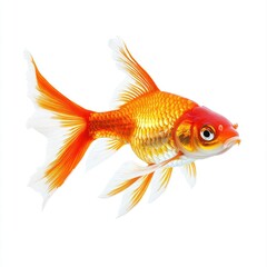 Close-up of a gold fish, vibrant orange and yellow scales, white fins, against white background
