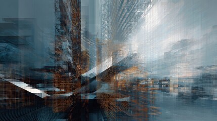 Tech overlays on architecture or abstract digital patterns