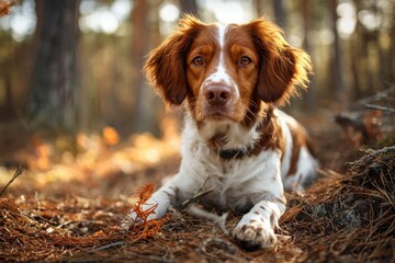 Brittany dog lying in a forest facing forward Its fur is brown and white
