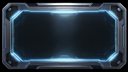 Futuristic display panel with glowing blue accents and metallic frame.