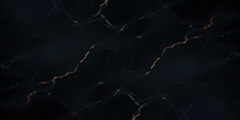 Luxurious marble texture with a predominantly black background and flowing patterns with golden veins running through it, creating a striking contrast.