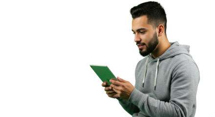 male young background tablet computer tablet young using man man beard on white