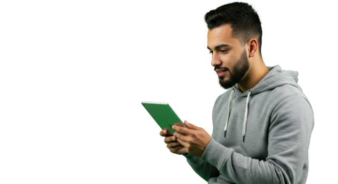  male  young background tablet computer  tablet young using man man  beard on white