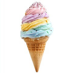 A three-layered ice cream cone, pastel colors, sprinkles