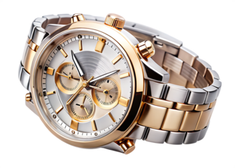 Luxury two tone metal wristwatch with white dial and gold accents isolated on a transparent background