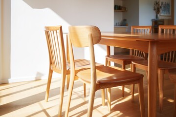 Sunlit dining interior with Scandinavian wooden table and chairs