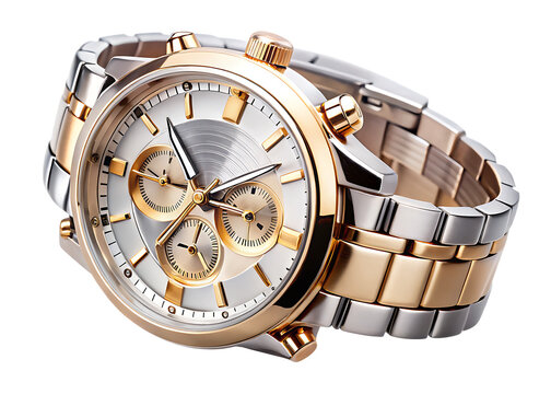 Luxury two tone metal wristwatch with white dial and gold accents isolated on a transparent background