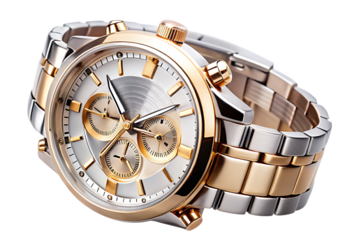 Luxury two tone metal wristwatch with white dial and gold accents isolated on a transparent background