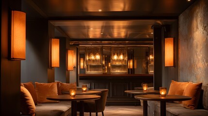 blurred image of a luxury underground cocktail bar interior with amber wall sconces