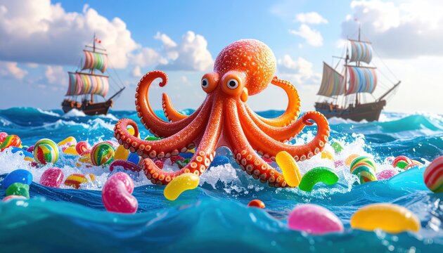 Candy Octopus sailing on sea with jelly beans boats. - Powered by Adobe