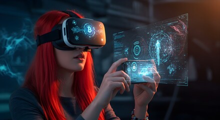 A woman wearing a VR headset, interacting with a futuristic digital interface, exploring virtual data, and engaging with advanced technology in a neon-lit, immersive world of virtual reality.