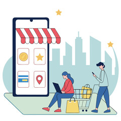 Modern Mobile Shopping with Urban Lifestyle and Digital Payment Icons