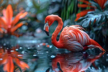 Pink flamingo wading in water with leafy plant reflection