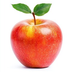 Red apple with two green leaves