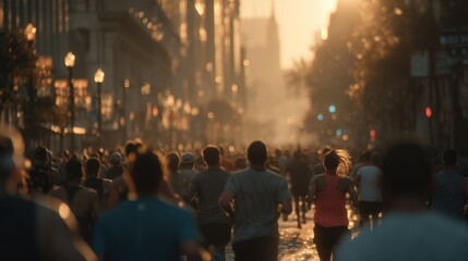 Runners Competing in an Urban Marathon at Sunrise with Golden Light