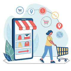 Woman Shopping Online Using Mobile App Vector Illustration
