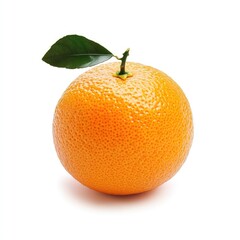 Single orange fruit, whole, with green leaf