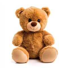 Obraz premium A light brown teddy bear sits centered against a white background. It has large, rounded ears, a simple smiling face with dark brown button eyes and nose, and light brown paws. 