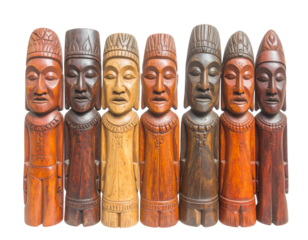  Firefly_A row of wooden figures isolated on transparent background