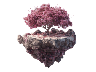Pink cherry blossom tree on a floating rock island, Isolated On White Background, Png Transparent