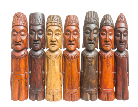 Firefly_A row of wooden figures isolated on transparent background - Powered by Adobe