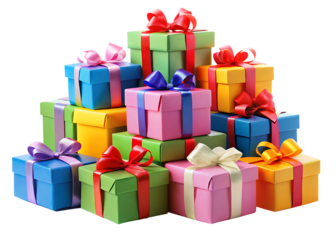 Pile of colorful gift boxes with satin ribbons and bows isolated on a transparent background present