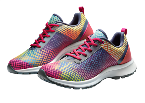Pair of colorful athletic running shoes with detailed textures and pink laces isolated on a transparent background