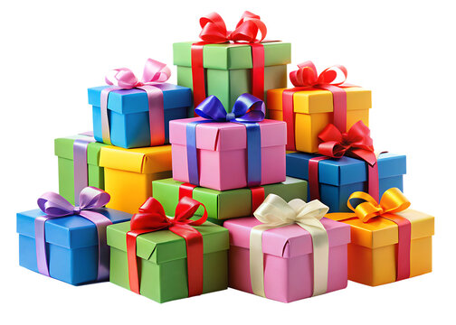 Pile of colorful gift boxes with satin ribbons and bows isolated on a transparent background present