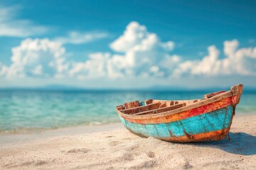 Obraz premium A weathered colorful boat sits on a sandy beach beneath a partly cloudy sky and calm ocean