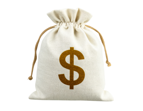 Tied Money Pouch with Golden Dollar Mark, Top-Down Angle, isolated on transparent background PNG