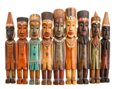 Firefly_A row of wooden figures isolated on transparent background