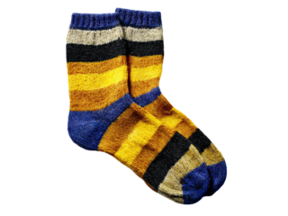 Warm woolen socks in blue yellow and black stripes, Isolated On White Background, Png Transparent