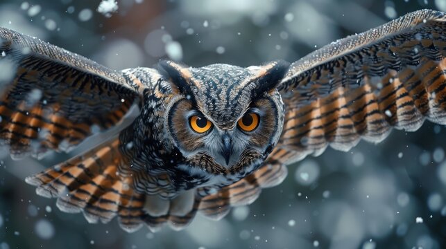 A great horned owl flying through the winter snowfall scene