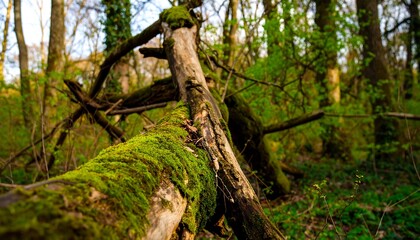 Fallen tree trunk covered in moss in a woodland setting