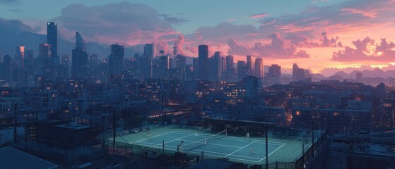 Fototapeta premium Urban Rooftop Tennis Match at Dusk with Glowing City Skyline