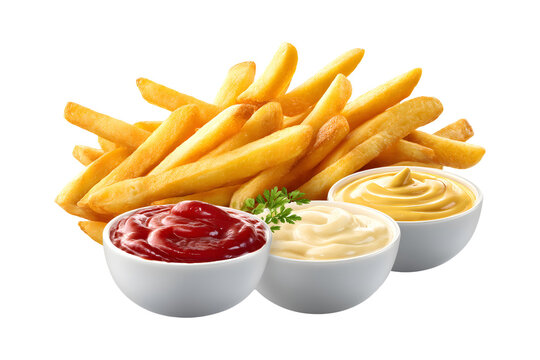 Golden french fries with ketchup, mayonnaise and mustard isolated transparent background