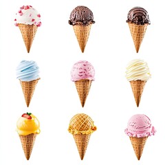 Assorted ice cream scoops in waffle cones, various flavors and colors against a white background