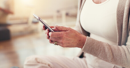 Hands, smartphone and woman in studio, yoga and digital app for progress, communication and chatting. Closeup, cellphone and person with social media, online fitness and schedule with health class