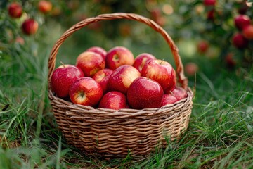 Wicker basket filled with red apples sitting in grass against a backdrop of apple trees