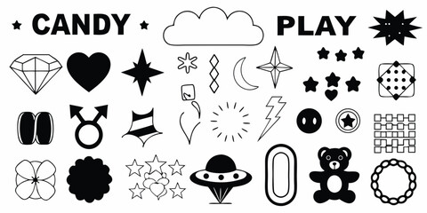 Assorted Black and White Icons and Text Elements symbol
