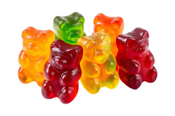 Colorful gummy bears clustered together on a stark transparent background in close up studio shot