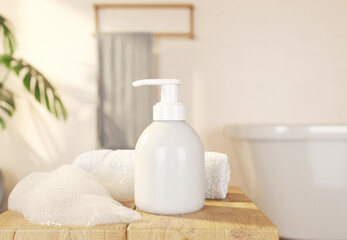 3D Render Cosmetic Pump Bottle Mockup in Bathroom Scene
