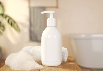 3D Render Cosmetic Pump Bottle Mockup in Bathroom Scene